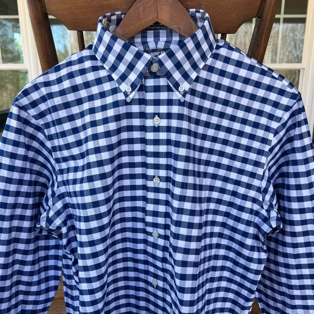 Lands’ End 15 1/2-32 Traditional Fit Navy Checked Button Long Sleeve Dress Shirt